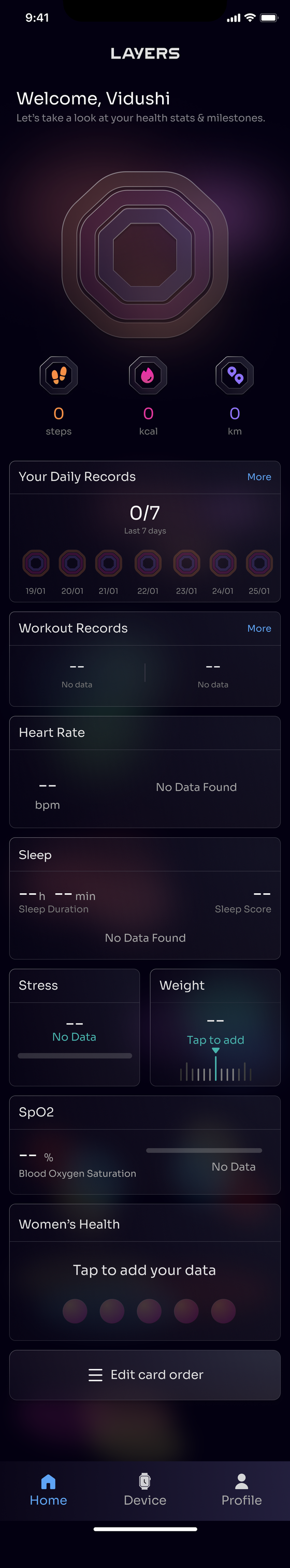 Empty state home screen, full scrolling page