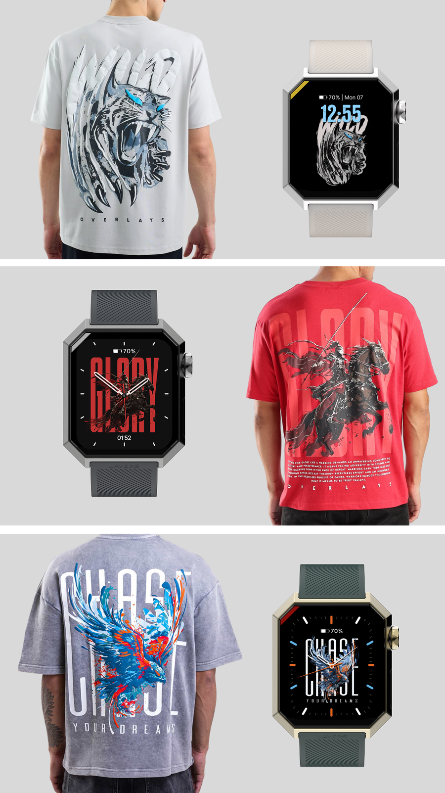 Overlays prints on shirts, beside the watchfaces